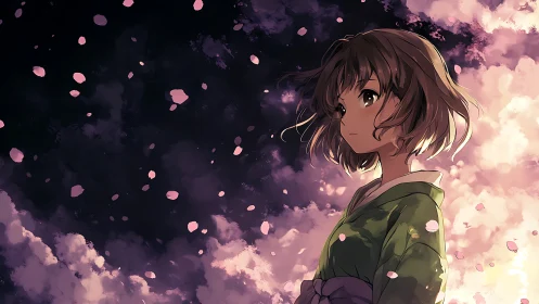 Girl in green kimono watches falling petals at dusk sky