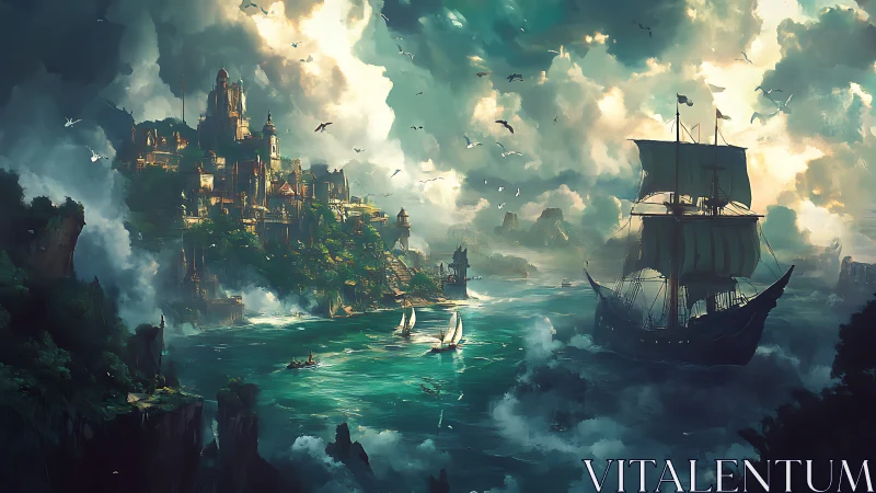 Storm‑lit fantasy harbor with galleons and terraced cliff cityscape