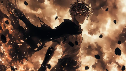 Storm-eyed warrior strolls through embers like falling stars