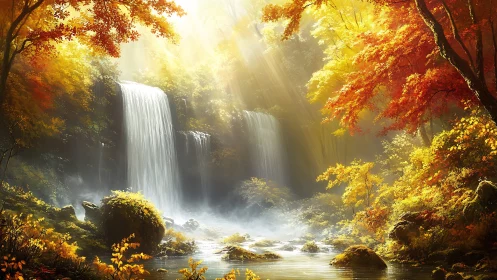 Sunlit autumn cascades in a golden storybook forest.