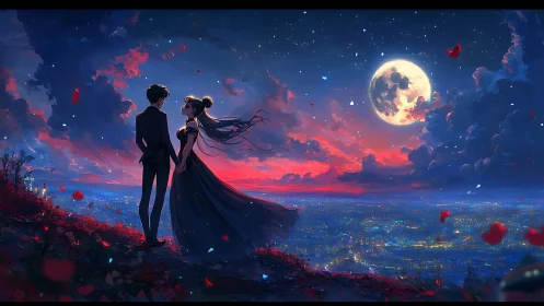 Moonlit lovers gaze over a glowing cityscape at dusk.