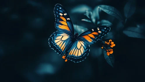 Radiant butterfly hovers in deep blue twilight garden glow
