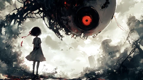 Small rebel, vast red eye: quiet standoff in the ruins.