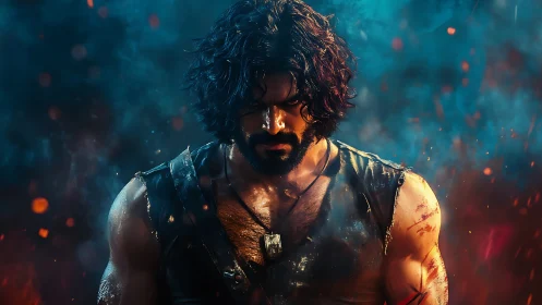 Brooding warrior emerges from embers in cinematic neon haze