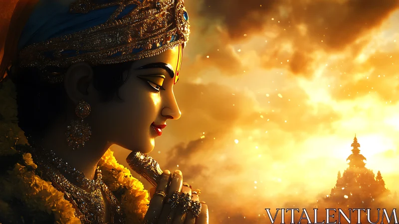 Golden light on devotional figure with distant temple.