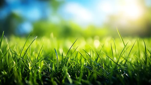 Vibrant close-up of green grass in sunlight, natural outdoor scene.