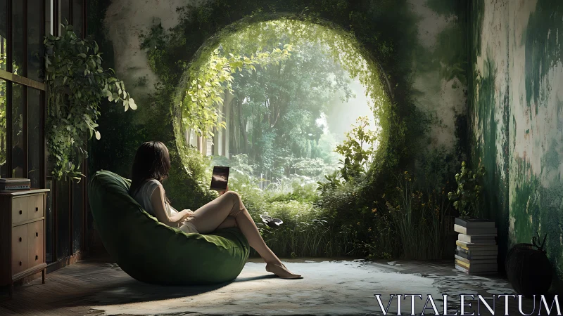 Serene reading nook facing lush circular garden portal.
