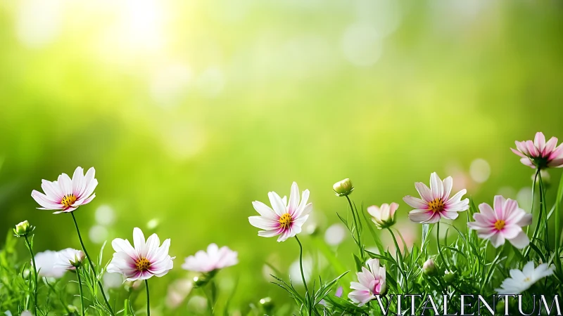 Selective focus wildflowers under diffused backlit spring bokeh field