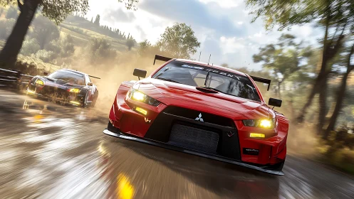 Red rally car charges ahead on a wet forest backroad