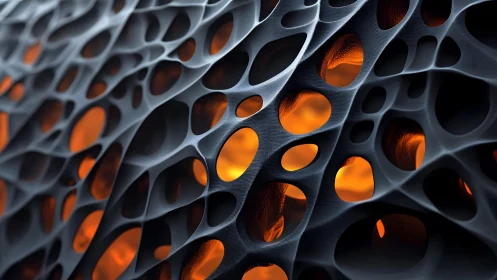 Abstract organic mesh structure with glowing orange lights.