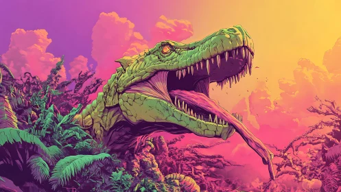 Neon jungle tyrannosaur lunges under hyper-saturated sky