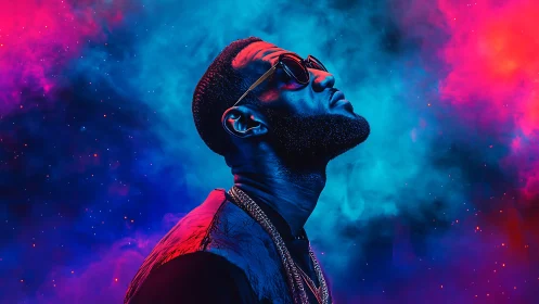 Neon-lit portrait of stylish man against cosmic vapor glow.