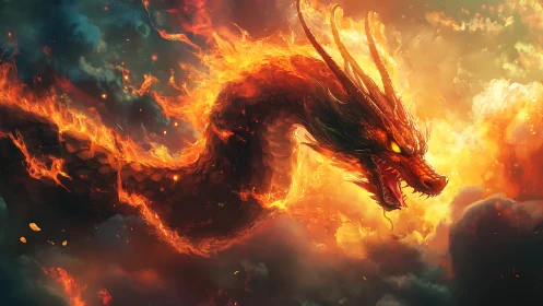 Fire dragon coils through storm clouds in blazing fury.
