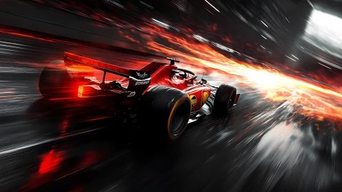 Red lightning car slices night asphalt into molten ribbons