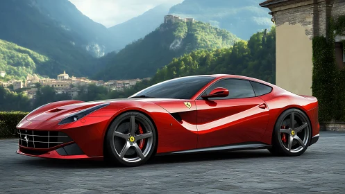 Red performance coupe rendered in alpine villa courtyard.