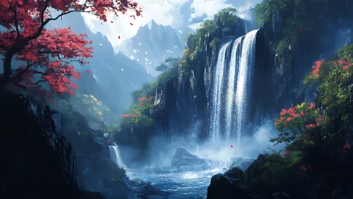 Hydrodynamic cascade in misted valley with crimson foliage.