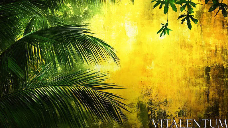 Sunlit tropical palm leaves glow against a textured gold sky