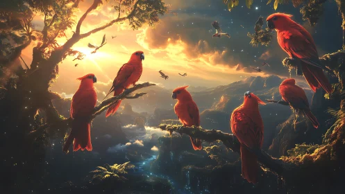 Red parrots on rainforest branches at sunset over valley.