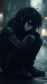 Solitary goth youth curls inward under relentless rain.