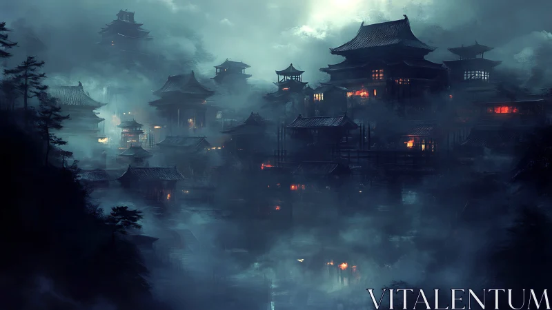 Nocturnal mountain temple city in dense luminous fog