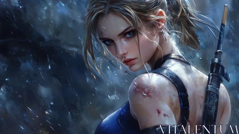 Battle-hardened female soldier with rifle in heavy rain.