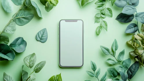 Smartphone with blank screen on green surface among leaves.
