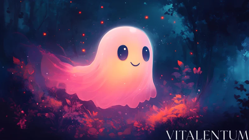 Cute glowing ghost drifting through enchanted neon forest.