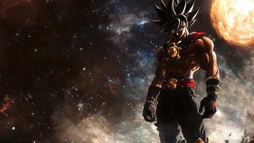 Muscular anime warrior silhouetted in starfield against blazing sun