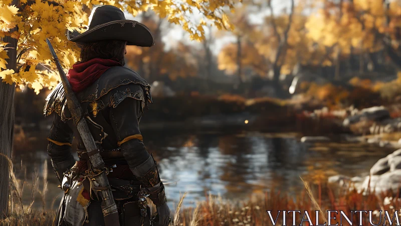 Armored figure by autumn riverbank in wooded landscape.