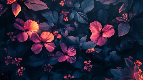 Neon Floral Composition with Luminous Hibiscus Petals Against Dark Foliage