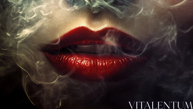 Glossy red lips emerge through swirling smoke in shadowy light