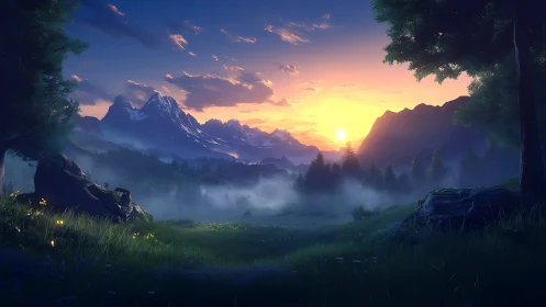 Sunrise over misty alpine valley with luminous forest edge