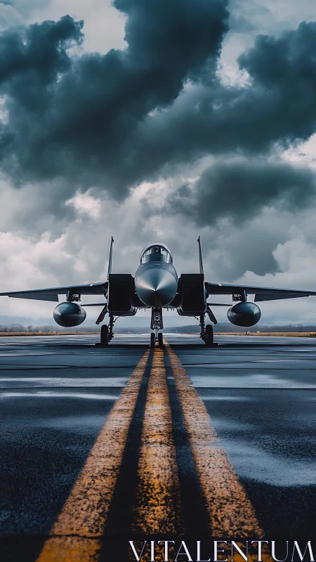 Front view of modern jet aircraft on wet runway surface.