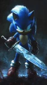 Blue hedgehog warrior gripping massive sword in stormy glow.