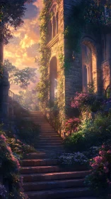 Sunlit ivy stairway into a vanished garden kingdom.