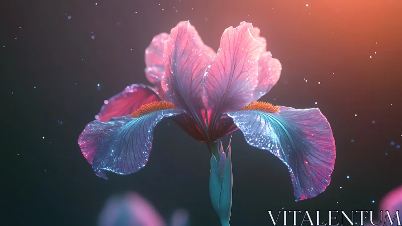 Iris Bloom with Iridescent Petal Structure and Luminous Particle Scattering