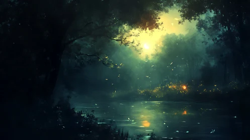 Moonlit fireflies quietly choreograph a riverbank glow