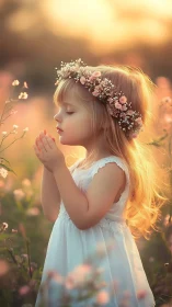Sunlit girl in prayer among pastel wildflower meadow.
