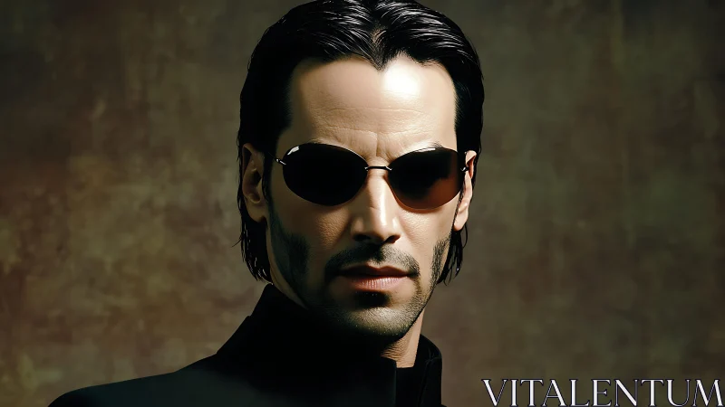 Matrix-styled cyber sentinel in noir-tinted sunglasses vigil.