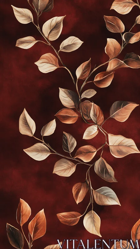 Botanical branches on deep red textured background.