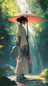 Quiet stroll beneath a red umbrella by a forest waterfall.