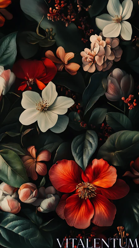 Lush Floral Garden: Red, White, and Peachy Blooms