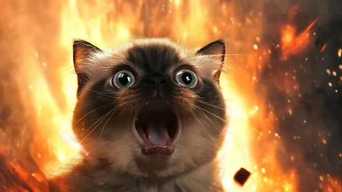 Adorable Siamese Cat with Shocked Expression Surrounded by Flames.