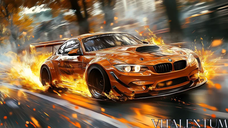 Inferno-orange race car tearing through blazing streets.