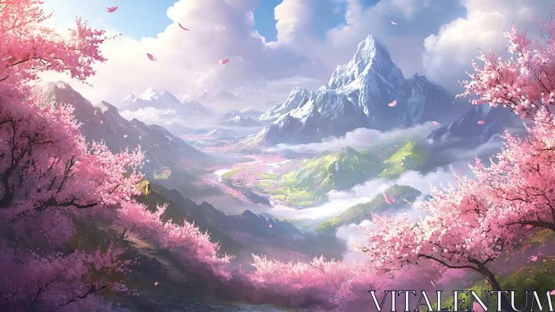 Alpine blossom valley with procedural depth and aerial perspective.