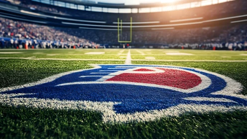 Stadium roar rising over sunlit gridiron emblem glow.