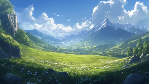 Digital landscape shows alpine valley with snow-capped peaks