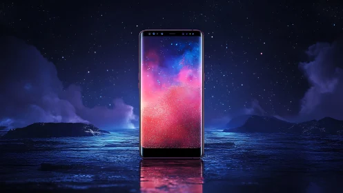 Smartphone Display with Photorealistic Gradient Particle Effects in Nocturnal Seascape Environment