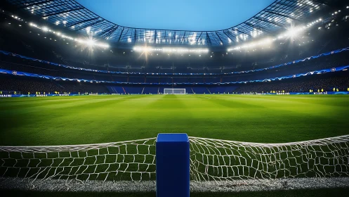 Illuminated football stadium pitch with goal net foreground.