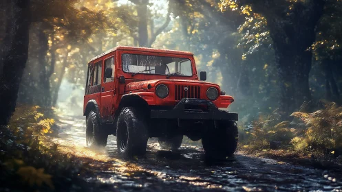 Red off-road jeep crosses wet forest trail at sunrise